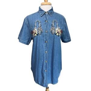 Vtg Bobbie Brooks Women's M Floral Kittens & Butterfly Button Down Denim Shirt